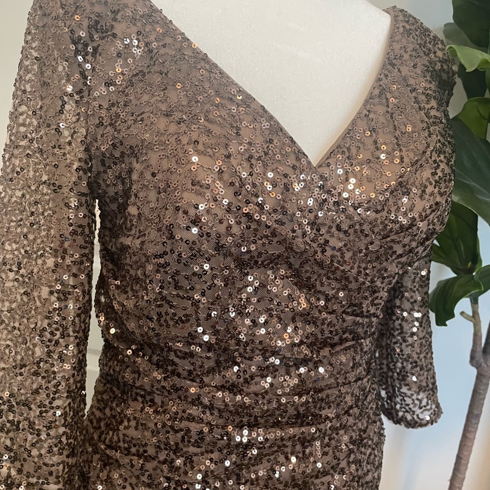 La Femme Brown Ruched Sequin Cocktail Dress